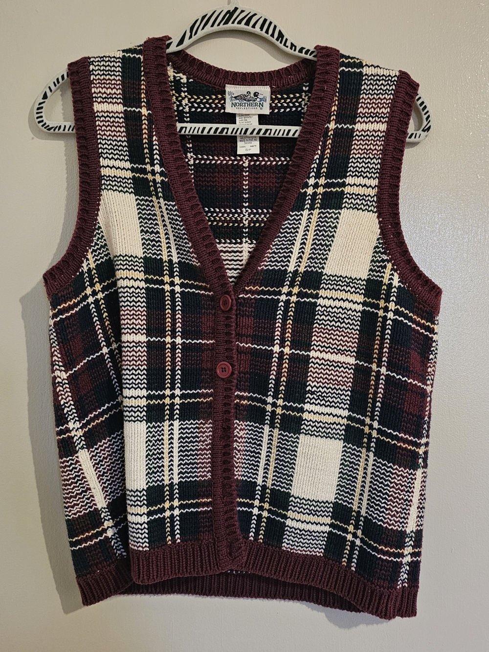Northern Reflections Burgundy Black Cream Plaid Sweater Vest